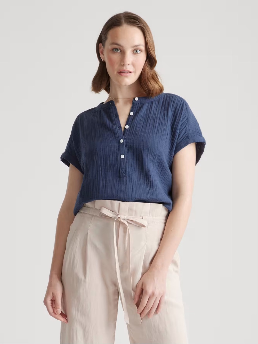 NWT Quince 100% Organic Cotton Gauze Roll Sleeve Shirt Indigo Blue XL